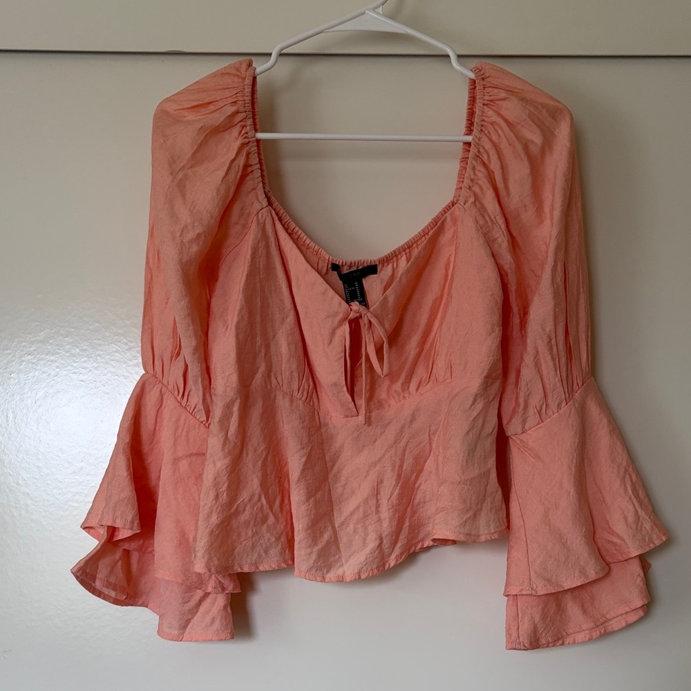 Forever 21 Peach Tie-Front Peasant Top